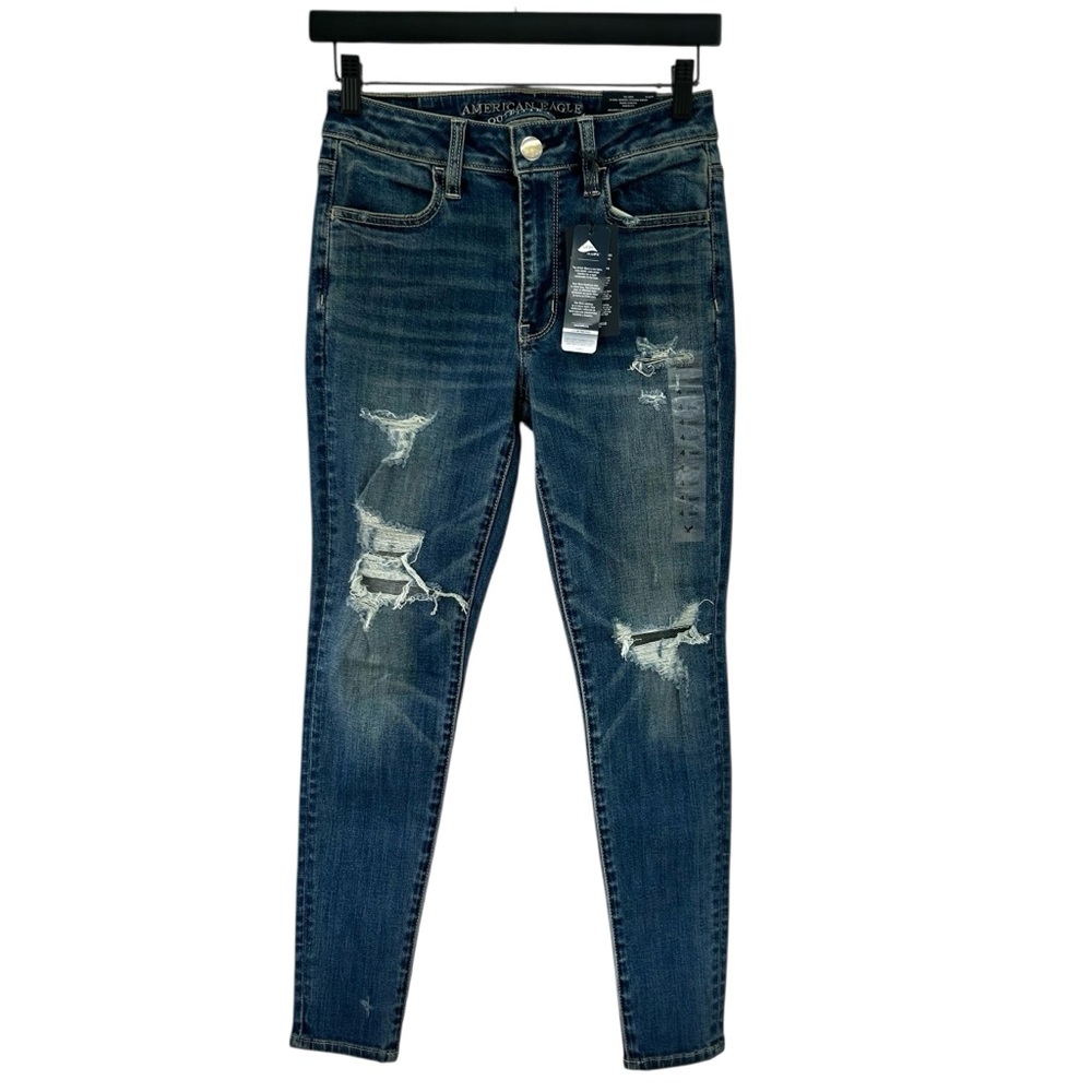 AMERICAN EAGLE Outfitters Hi-Rise Distressed Blue Stretch Jegging NEW 4 Short